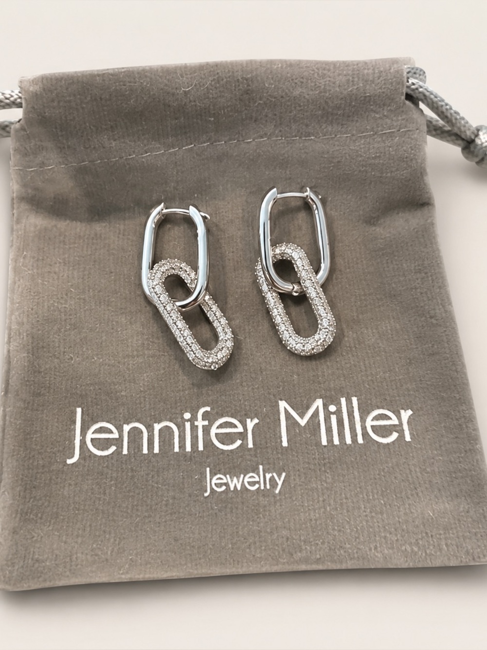 NWOT Jennifer Miller  white gold plated detachable drop link earrings pouch
